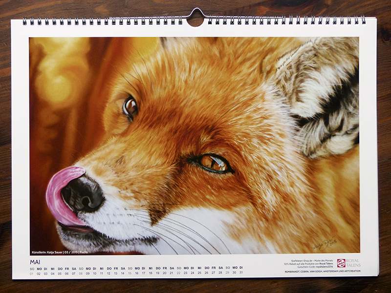 Pastellkreidezeichnung "Fuchs" von Katja Sauer im Artina Art Kalender 2016